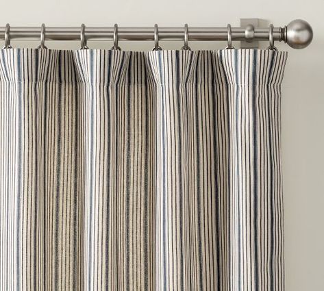 french pleat curtain | Pottery Barn Ticking Stripe Curtains, French Pleat Curtains, French Pleat, Dining Inspiration, Nursery Patterns, Striped Curtains, Nursery Curtains, Pleated Curtains, Printed Curtains