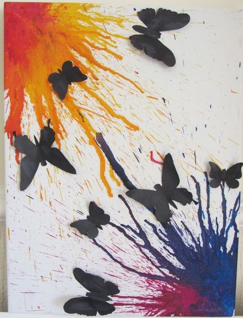 Butterfly Silhouettes On Wax Drawing Ideas Easy Butterfly, Crayon Drawing Ideas Easy, Butterfly Art Craft, Wax Crayon Drawing, Crayon Drawing Ideas, Wax Crayon Art, Melted Crayon Canvas, Butterfly Art And Craft, Crayon Canvas