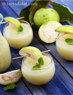 A mouth-watering blend of guava puree, ginger and lemon juice, garnished with sprigs of mint that add an irresistible aroma and flavour to the Guava Punch. Cooking the guava helps to soften it before pureeing, while straining this mixture helps remove the guava seeds that might spoil the rich and creamy mouth feel of this drink. Pungent ginger and tangy lemon help to both enhance and balance the natural sweetness of guava very pleasantly. Breakfast For Him, Guava Punch, Guava Puree, Guava Drink, Juicing Recipes For Beginners, Guava Recipes, Ginger And Lemon, Punch Recipe, Birthday Breakfast