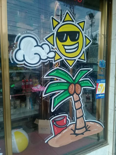 Windows Painting Mercantil Hong Kong Cabimas Edo Zulia- Venezuela Beach Window Painting, Drawing On Windows Ideas, Window Painting Summer, Summer Window Display Preschool, Daycare Window Painting, Summer Window Painting Ideas, School Window Painting, Easy Window Painting Ideas, Summer Window Art