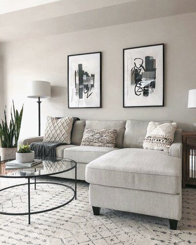 Beige Gray Couch Living Room, White Cloud Sofa Living Room, Living Room Canada, White Couch Grey Walls, Beige Grey And Black Living Room, Grey Sofa Beige Walls, Tiny Modern Living Room, Beige Black White Living Room, Beige White And Black Living Room