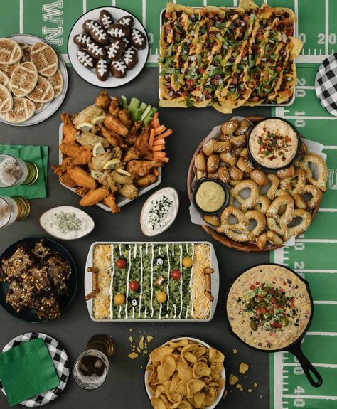 The Big Game Spread by The BakerMama Happy Super Bowl Sunday, Football Watch Party, Easy Homemade Salsa, Food Spread, Hearty Snacks, Beer Cheese Dip, Football Snacks, Brunch Spread, Party Spread