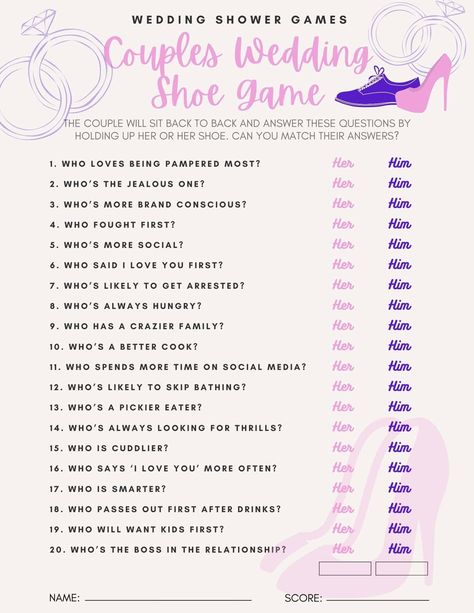 Are you looking for couples shower shoe game questions for your bridal shower preparation? Take a look at this list to get 100+ ideas! 50 Questions Game For Couples, This Or That Questions For Couples, Love Games Questions, Him Or Her Game Questions, Couple Games Ideas Parties, Couple Games Questions, Mr And Mrs Questions, Wedding Shoe Game Questions, Couple Questions Game