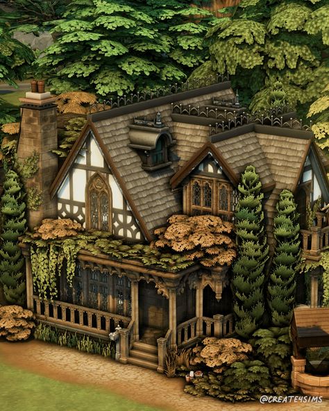 Sims 4 Witches Cottage, Practical Magic Sims 4, Sims 4 Gothic Cottage, Sims4 Gothic House, Sims 4 Cottage Family Home, Witchy Cottage Sims 4, Witch Cottage Floor Plans, Witch Home Sims 4, Sims Witch Cottage