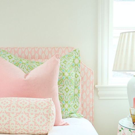 Laura Park | Laura Park Designs on Instagram: "Add the lively spirit of Portugal to your bedroom! 🌸✨ Our new Porto Collection boasts fresh, abstract geometric prints in cheerful shades of pink, green and blue.⁠  ⁠ Featuring designs Porto Tiles Blush and Lagos Green" Dorm Room Pink And Green, Pink Green Blue Color Scheme, Laura Park Bedroom, Porto Tiles, Pink And Green Room, Pink And Green Bedroom, Laura Park Designs, Pink Green Bedrooms, Pearl House