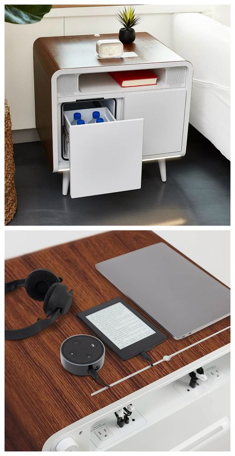 he Sobro Smart Side Table is an ultimate next generation end table & nightstand that multi-tasks to support your connected lifestyle. Has a wireless charging pad, quiet cooling drawer, Bluetooth speakers, App Control w/AI, LED lights, and smart sleep features. Works with Alexa & Google Home. Sobro is furniture designed to help you live better. #affiliatelink Smart Furniture Technology, Bed Side Table Styling, Smart House Gadgets, Room Cool Ideas, Modern Side Table Design, Wooden Bed Side Table, Bed Side Table Design, Retro Side Table, Side Table Styling