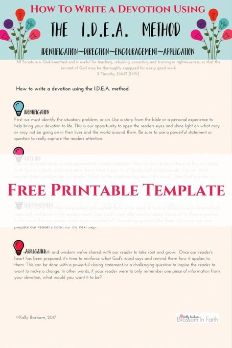 Free printable template on how to use the IDEA method to write a devotional. Devotional Journal, Devotional Books, Bible Study Tools, Writing Challenge, Writing Templates, Christian Devotions, Bible Devotions, Bible Studies, Free Graphics