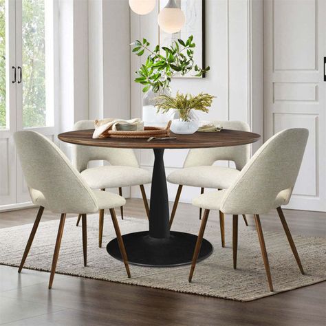 Walnut Chair, Round Dining Set, Condo Living, Kitchen Table Settings, Pedestal Dining Table, Dining Table Set, Dining Sets, Round Top, Modern Dining Table