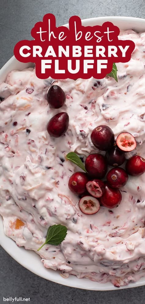 This Cranberry Fluff salad recipe combines cranberries, crushed pineapple, and mini marshmallows all folded together in a sweet, cream cheese mixture. It's perfect for Thanksgiving or Christmas as an easy side or light dessert! Easy Cranberry Fluff, Cranberry Cheesecake Fluff, Fresh Cranberry Salad, Cranberry Fluff Salad, Fresh Cranberry Recipes, Cranberry Fluff, Cranberry Salad Recipes, Jello Mold Recipes, Cranberry Cheesecake