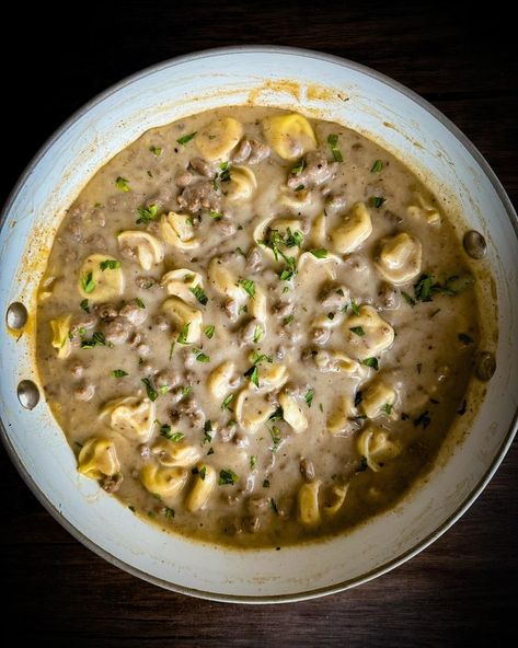 Cheesy Beef Tortellini with Mushroom Cream Sauce — Sippin' Foodie Cheesy Beef Tortellini, Beef Tortellini, Mushroom Cream Sauce, Mushroom Cream Sauces, Everything Good, Hamburger Meat Recipes, Cream Of Mushroom Soup, Cream Of Mushroom, Cheese Tortellini