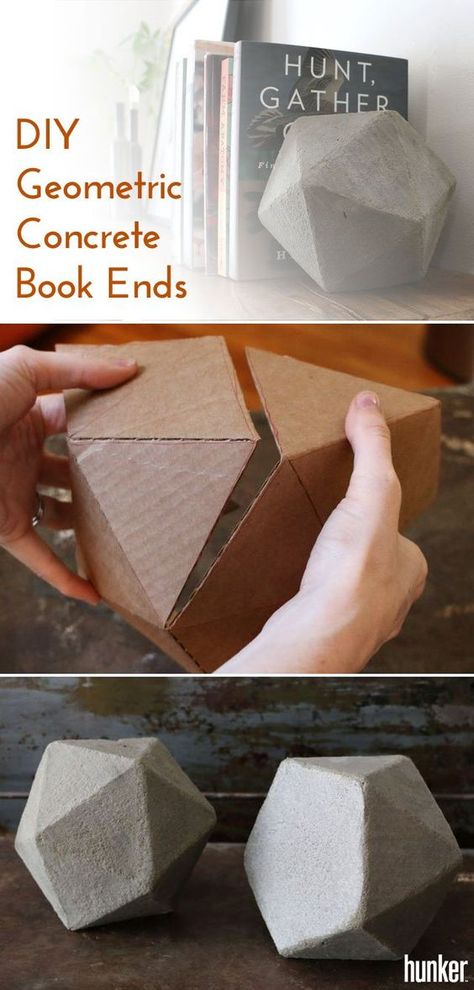 Make your own book ends out of concrete (yes, concrete!) and shape them into these trendy geometric shapes. This #DIY is an easy, creative project that adds a couple of unique pieces to your home and tons of character! Concrete Decor Diy, Concrete Bookends, Make Your Own Book, Diy Projects For Couples, Diy Bookends, Modern Bookends, Homemade Books, Concrete Diy Projects, Concrete Projects