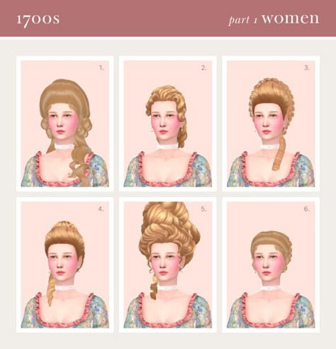 1700s PART 1 - WOMEN    The commencement of the 1700s saw women's hair styles stay fairly demure, but it wouldn't take long for them to become much more elaborate. The popularity for wigs in men's styl… 1700s Women, Late 18th Century Fashion, Sims 4 Decades Challenge, Rococo Dress, American First Ladies, Sims 4 Tattoos, Sims Medieval, Sims 4 Challenges, Evolution Of Fashion