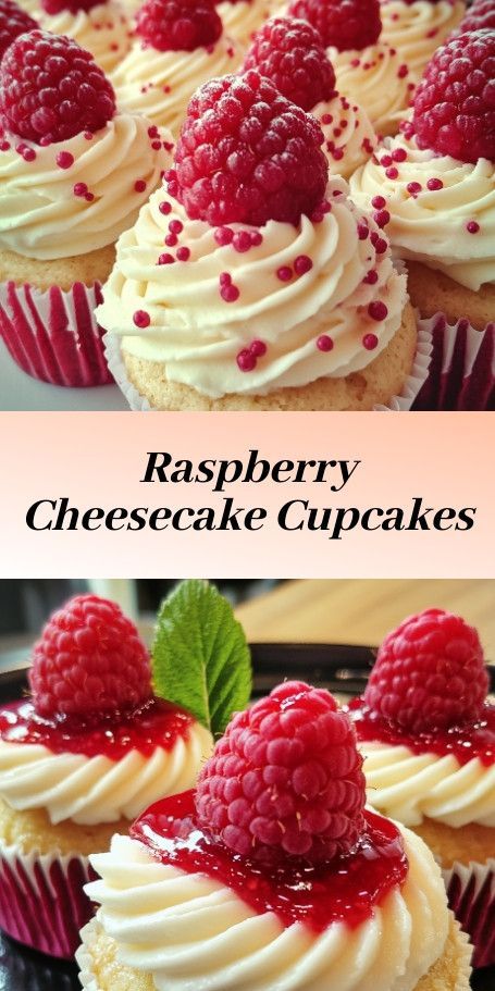 Luscious Raspberry Cheesecake Cupcakes :sparkling_heart::grapes::cupcake: Indulge in the delightful combination of creamy cheesecake and juicy raspberries nestled within a sweet cupcake. Perfect for any occasion and sure to satisfy your sweet tooth! Almond Wedding Cake Cupcakes Raspberry Filling, Heart Grapes, Mini Raspberry Cheesecake, Raspberry Cheesecake Cupcakes, Strawberry Cheesecake Cupcakes, Almond Wedding Cakes, Cheesecake Cupcakes Recipe, Raspberry Cheesecake Cookies, Raspberry Crumble