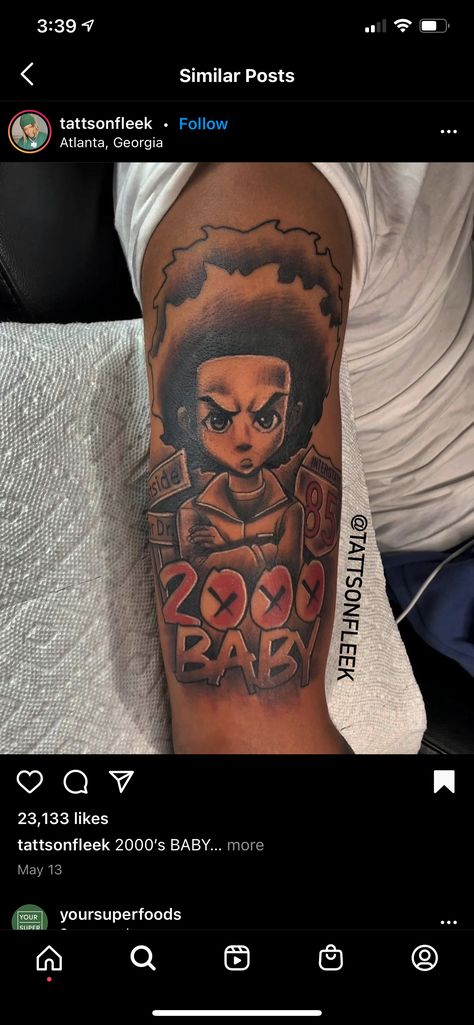 Cartoon Tattoos For Men Sleeve, Old Cartoon Tattoo Ideas, Cartoon Tattoos For Men Black, 2000 Baby Tattoo For Men, Menace To Society Tattoo, 2000 Baby Tattoo, Glo Gang Tattoo, Boondocks Tattoo Designs, Cartoon Tattoos For Men