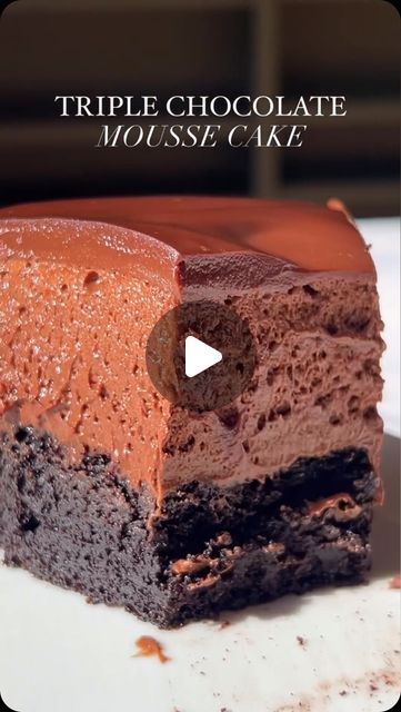 Foodie | Recipe | Delicious on Instagram: "Triple Chocolate 🍫 Mousse Cake 🥮

Ingredients
Chocolate Cake:
3/4 cup all-purpose flour 90 g
½ cup unsweetened cocoa powder 60 g
1 cup granulated sugar 200 g
1 teaspoon baking soda 5 ml
½ teaspoon baking powder 2.5 ml
½ teaspoon salt 2.5 ml
1/4 cup melted Straus Organic Lightly Salted European Style Butter 56 g / 60 ml
½ cup buttermilk 120 ml
1 egg
1 teaspoon vanilla 5 ml
½ cup warm water 120 ml

Chocolate Mousse:
14 ounces chopped dark chocolate 70% cocoa, 400 g
2 tablespoons Straus Organic Lightly Salted European Style Butter 28 g
¼ cup Kahlua 60 ml (or ¼ cup brewed coffee)
3 large eggs separated
¼ cup granulated sugar 50 g
1 teaspoon unflavored gelatin 5 ml
3 tablespoons water 45 ml
1 ½ cup Straus Organic Heavy Whipping Cream 360 ml (divided) Triple Chocolate Mousse, Triple Chocolate Mousse Cake, Unsweetened Cocoa Powder, Unflavored Gelatin, Chocolate Mousse Cake, Brewed Coffee, Whipping Cream, Triple Chocolate, Mousse Cake