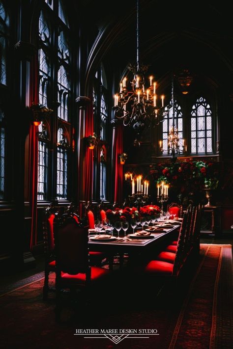 Gothic Castle Dining Hall, Regal Dining Room, Gothic Dining Hall, Gothic Dinning Room Ideas, Vampire Throne Room, Victorian Gothic Dining Room, Vampire Dining Room, Red Throne Room, Gothic Throne Room