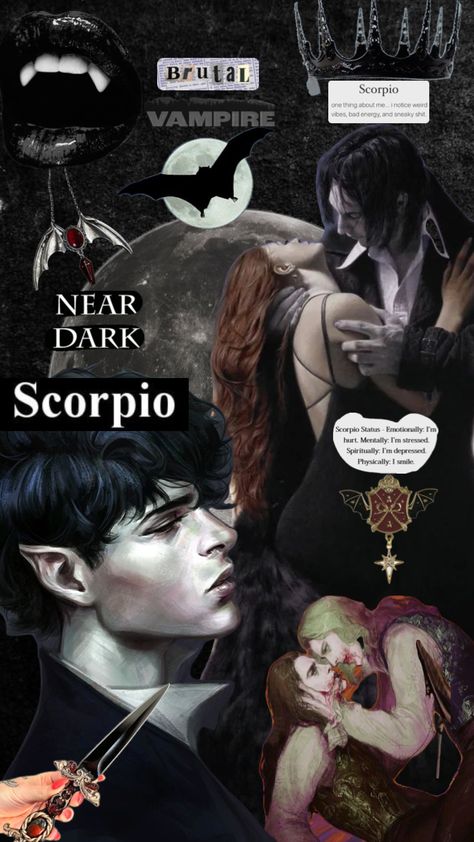 Scorpio ♏️ mythical creature-vampire #aesthetic #wallpaper #books #vibes #vibes #beauty #nature #vintage #outfitinspo #homedecor #astrology #zodiac #scorpio #vampire Pisces And Scorpio Wallpaper, Mc Scorpio, Earth Character, Scorpio Aesthetic, Near Dark, Wallpaper Books, Vampire Aesthetic, Pisces And Scorpio, Zodiac Scorpio