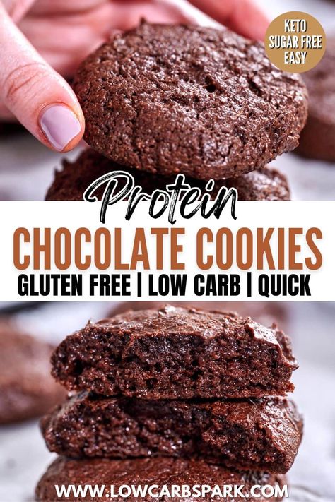 These Protein Cookies combine almond butter and protein powder for a soft, chewy indulgence. Flourless, low carb, and sugar-free, they're perfect for breakfast or as a coffee/tea companion. Each gluten-free cookie supplies 10g of protein to fuel your day. Gluten Free Protein Cookies, Clean Cookies, Protein Breakfast Cookies, Protein Powder Cookies, Healthy Chocolate Cookies, Galletas Keto, High Protein Cookies, Protein Balls Recipes, Protein Chocolate