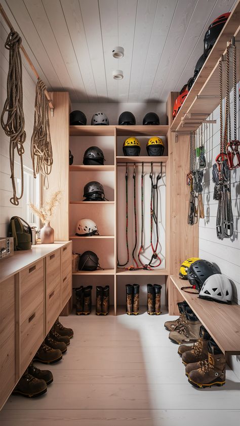 ❄️ Achieve a clean, minimalist aesthetic in your rock climbing gear closet with Scandinavian-inspired mountain climbing gear storage. Use simple lines and neutral tones for a clutter-free climbing gear organization system. #RockClimbingGearCloset #MountainClimbingGear #ClimbingGearStorage Rock Climbing Storage, Climbing Gear Storage Ideas, Climbing Gear Rack, Climbing Gear Storage, Climbing Gear Organization, Gear Room Organization, Gear Room Ideas, Outdoor Gear Organization, Mountain Climbing Gear