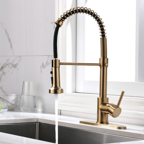 Dashan Commercial Pull Down Single Handle Kitchen Faucet Gold & Reviews | Wayfair Gold Kitchen Faucet, Touchless Kitchen Faucet, Pull Down Kitchen Faucet, Kitchen Faucet With Sprayer, Single Handle Kitchen Faucet, Brass Kitchen, Gold Kitchen, Kitchen Hardware, Champagne Bronze