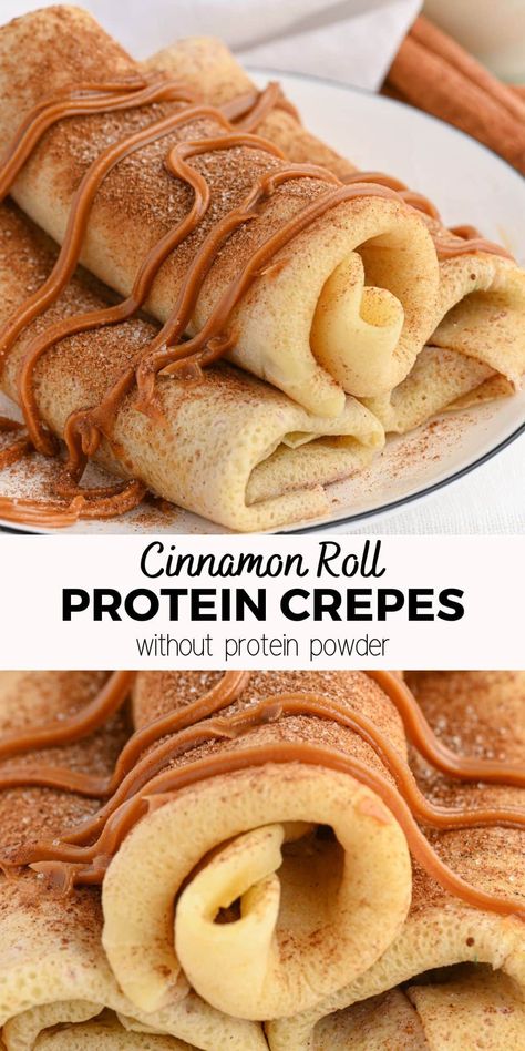 Cinnamon Roll Protein Crepes Healthy Breakfast With Croissant, Easy Protein Breakfast Ideas Meal Prep, Protein Powder Crepes, Protein Ideas For Breakfast, Cinnamon Roll Crepes, Low Calorie Crepe Recipe, Protein Crepes Healthy, Healthy Crepes Recipe Breakfast, Last Minute Breakfast Ideas