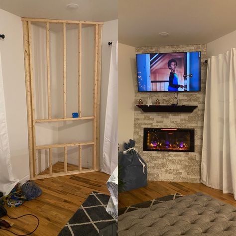 Corner Fireplace Makeover, Corner Fireplace Living Room, Corner Electric Fireplace, Corner Gas Fireplace, Faux Fireplace Diy, Build A Fireplace, Suport Tv, Living Room Living Room, Bedroom Fireplace