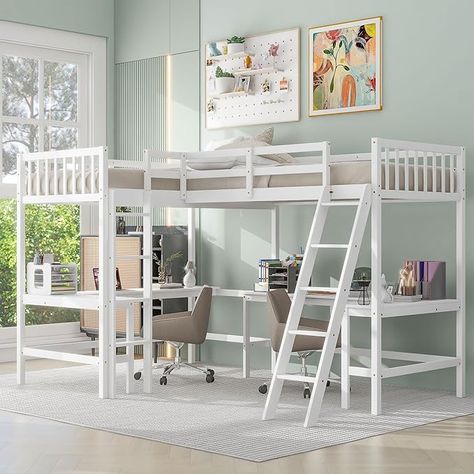 Amazon.com: Wood Loft Bed for 2 Person, Double Loft Bed with 2 Desk, L Shaped Bed for 2 Kids, 2 Connected Loft Bed for Dorm Studio or Small Room, White : Home & Kitchen Double Loft Beds, Built In Desk And Shelves, Bed With Ladder, Gaming Area, Loft Bed Frame, Twin Size Loft Bed, Loft Beds, Bed Wood, Twin Loft Bed