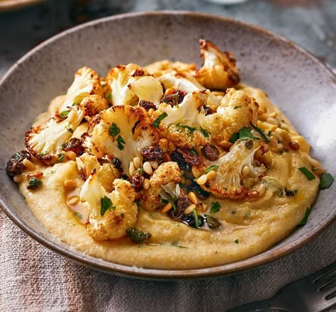 Fancy Side Dishes, Polenta Recipes, Bbc Good Food, Dinner At Home, Roasted Cauliflower, Food Magazine, Pine Nuts, Polenta, Vegetarian Dishes