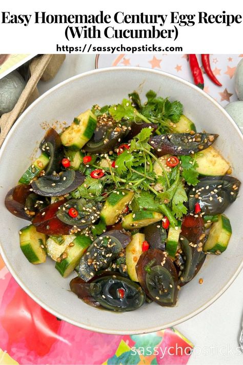 A century egg is also known as a thousand-year egg. These eggs undergo a preservation process that typically takes weeks to months. Century Egg Recipe, Recipe With Cucumber, Brunch Party Recipes, Century Egg, Veggies Recipes, Delicious Slow Cooker Recipes, Egg Recipe, Ethnic Food, Cucumber Recipes