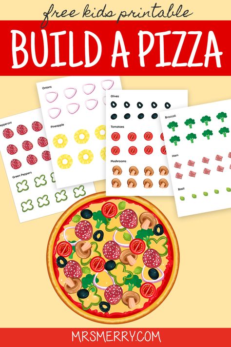 Make your very own pizza with our Build-a-Pizza template. Choose from 4 pages of toppings. Just cut and create. Laminate to make this paper toy and long-lasting activity for kids. #indooractivitiesforkids #makeapizza #papertoysforkids #kidsactivities #easyactivitiesforkids #prekartproject #kindergartenartproject #thingstodowithkids #easykidscrafts #buildactivitiesforkids #mrsmerry Make A Pizza Craft, Pizza Craft For Preschool, Build A Burger Free Printable, Preschool Pizza Theme, Pizza Craft Preschool, Pizza Crafts For Preschool, Printable Pizza Toppings, Food Activities For Kids, Printable Pizza