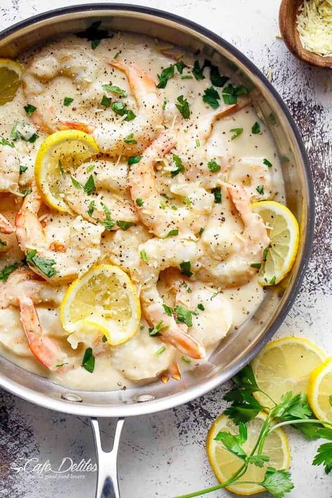 Creamy Lemon Parmesan Shrimp - Cafe Delites Shrimp Delight, Parmesan Shrimp, Shrimp Parmesan, Cafe Delites, Shrimp Dishes, Fish Dishes, Seafood Dishes, How To Cook Pasta, Yummy Recipes