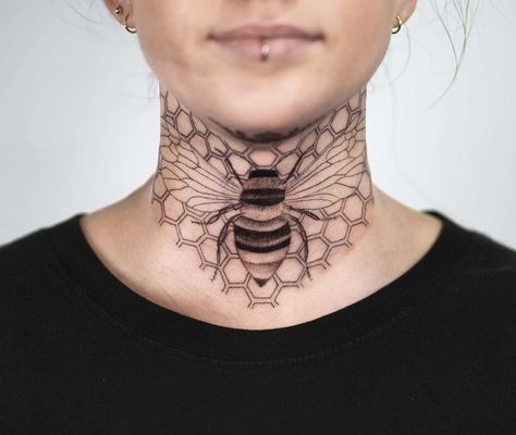 Neck Bee Tattoo, Honey Bee Neck Tattoo, Honeycomb Neck Tattoos Women, Beehive Neck Tattoo, Honeycomb Tattoo Neck, Honeycomb Throat Tattoo, Bee Neck Tattoos Women, Hexagon Neck Tattoo, Honey Comb Neck Tattoos