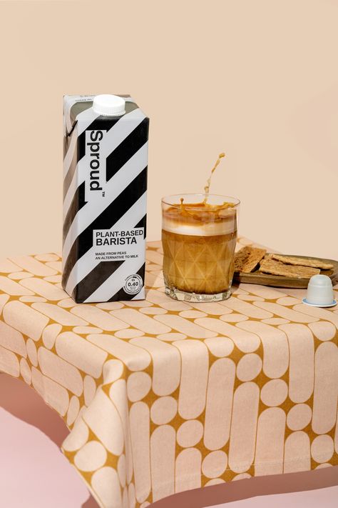 Product Photography with Sproud plant based barista milk. Photography, styling and editing by Roxana Voicila Milk Product Photography, Drink Product Photography, Milk Photography, Milk Box, Minimal Photography, Photography Styling, Milk Cans, Coffee Milk, Advertising Photography