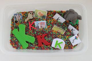 Alphabet Sensory Bin First up is our letter K sensory bin.  I couldn't find too many letter K objects other than a key and a koala so I printed off some objects/things that begin with the letter K and added them to our bin.  We always use our bin first so we can talk about the letter and it's sound! Letter E Activities, Prek Ideas, Fun Alphabet, Preschool Alphabet, Slp Ideas, E Craft, Sensory Boxes, Alphabet Crafts, Letter Of The Week