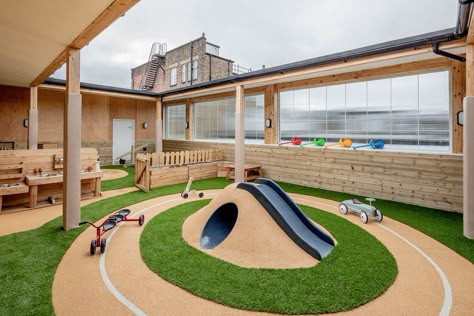 Exterior Daycare Design, Kindergarden Garden Play Areas, Playway School Design, Nursery School Exterior Design, Kindergarten Playground, Primary School Playground, Daycare Playground, Indoor Play Area, Green Roof Garden