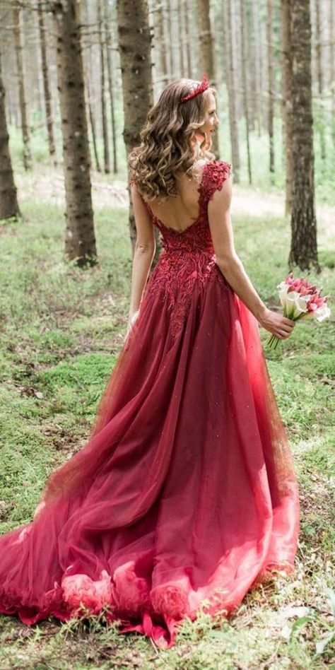 Coloured Wedding Gowns, Not White Wedding Dress Colour, Burgundy Wedding Dress, Witchy Wedding, Red Wedding Gowns, Red Bridal Dress, Crystal Wedding Dress, Colored Wedding Dress, Red Wedding Dress