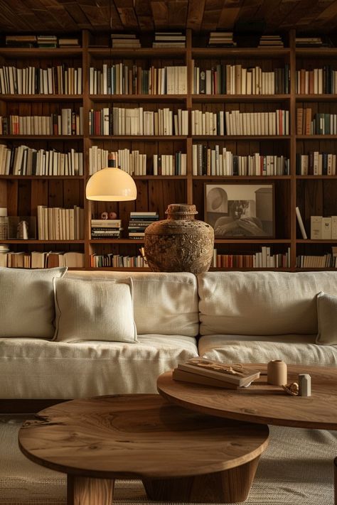 Wabi Sabi Library, Library Home Aesthetic, Wabi Sabi Couch, Home Office Bookshelves, Luxury Library, Modern Reading Nook, Basement Interior Design, Modern Home Library, At Home Library