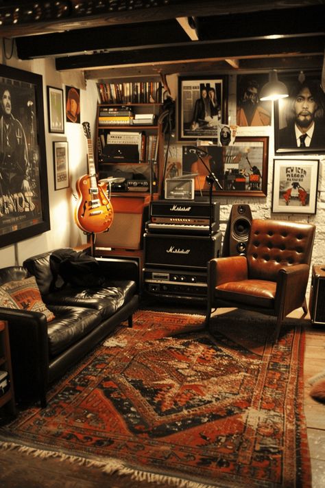 Music Themed Man Cave, Home Music Lounge, Music Studio Room Aesthetic Dark, Music Interior Design Ideas, Music Nook Spaces, Recording Studio Room Ideas, Recording Studio At Home, Piano Keyboard Wall Mount, Loft Music Room