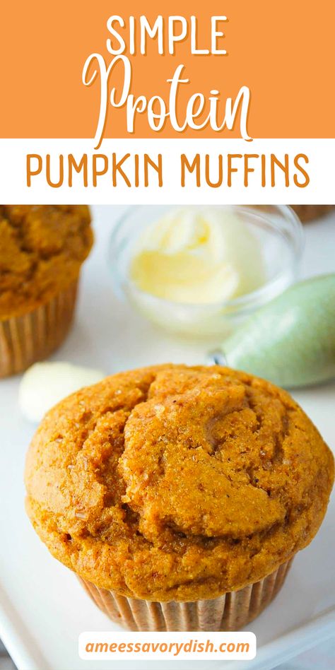 Simple Protein Pumpkin Muffins are an easy delicious Fall recipe for keeping up with a healthy lifestyle. Fall time is perfect for those pumpkin spice items and smells. This recipe has the perfect balance between both with delicious pumpkiny flavors and sweet cinnamon spice. Make these muffins for a delicious breakfast, snack, or dessert! Gluten Free Pumpkin Chocolate Chip Muffins Easy Recipes, Healthy Pumpkin Protein Cookies, Pumpkin Protein Muffins Almond Flour, Healthy Pumpkin Recipes Protein, High Protein Fall Dessert, Pumpkin Spice Protein Muffins, Protein Pumpkin Muffins Healthy, Protein Fall Recipes, High Protein Pumpkin Muffins Cottage Cheese