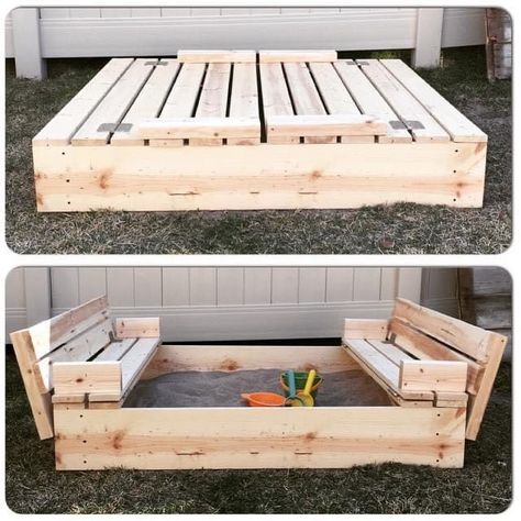 Sandbox Design, Sandbox With Lid, Sandbox Cover, Diy Sandbox, Cozy Diy, Backyard Kids Play Area, Family Backyard, Patio Diy, Backyard Playground