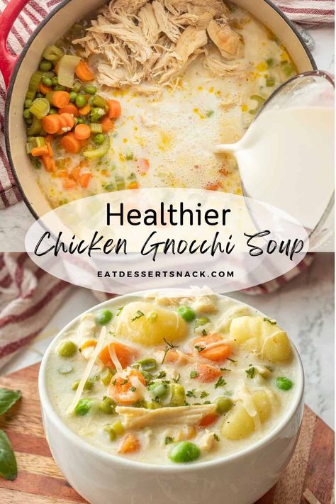 This is a creamy copycat chicken gnocchi soup with garlic, soft gnocchi, and tender veggies, made without cream. It's a healthy chicken soup recipe perfect for fall! Chicken And Gnocchi Soup Dairy Free, Chicken Noodle Gnocchi Soup, Chicken Gnocchi Soup Non Dairy, Chicken Gnocchi Recipes Soup, Chicken Spinach Gnocchi Soup, Gnocchi Chicken Noodle Soup, Chicken Gnocchi Soup Dairy Free, Chicken Gnocchi Soup Healthy, Chicken Soup With Gnocchi