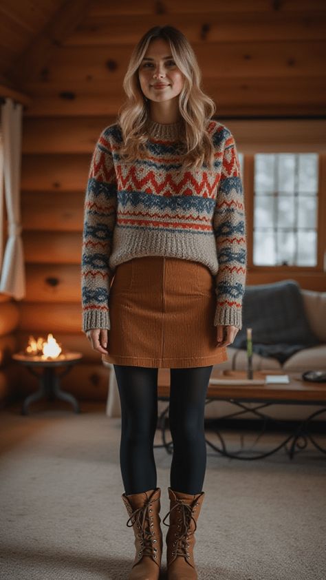 15 Cute Winter Skirt Outfits for Every Style Navy Corduroy Skirt Outfit, Fair Isle Outfit, Outfits For Mountain Trip Winter, Hiking Skirt Outfit, Cute Winter Skirt Outfits, Fair Isle Sweater Outfit, Cute Winter Skirt, Winter Skirt Outfits, Corduroy Skirt Outfit