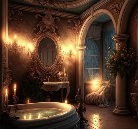 Royal Bathtub Aesthetic, Demon Bedroom Aesthetic, Dark Castle Bathroom, Romantic Goth Aesthetic Home, Fantasy Palace Interior, Fantasy Dining Room, Mansion Concept Art, Fantasy Bathroom, Poison Nightmares