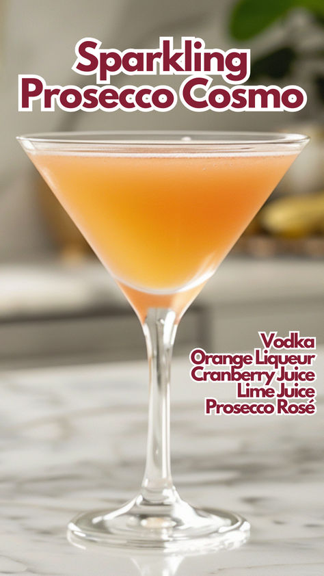 Sparkling Prosecco Cosmo Frozen Cosmopolitan Drink, Thanksgiving Cosmopolitan, Vodka Prosecco Cocktail, Peach Cosmo, Cosmopolitan Martini, Cosmopolitan Cocktails, Cosmo Recipe, Martinis Drinks, Cocktail Drinks Alcoholic