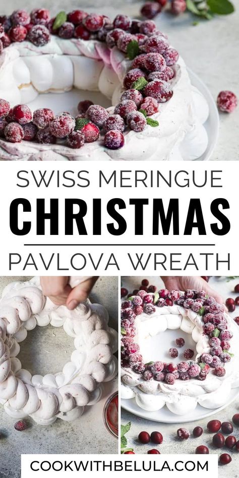 This stunning Swiss Meringue Christmas Pavlova Wreath is the perfect Christmas dessert idea for a fancy party, or for Christmas day itself! Featuring swiss meringue, Chantilly cream, and fresh sugared cranberries. This beautiful pavlova wreath makes for a gorgeous Christmas dessert presentation, as well as an elegant New Year's Dinner dessert. Christmas Pavlova Ideas, Beautiful Pavlova, Christmas Pavlova Wreath, Swiss Desserts, Meringue Christmas, Pavlova Wreath, Winter Baking Recipes, Christmas Pavlova, Perfect Christmas Dessert