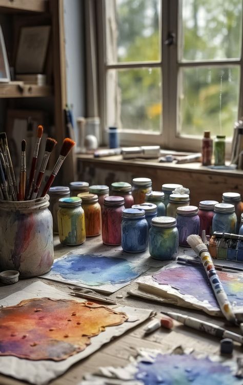 Drawing tools on a table in front of a window in an art studio. Photo created by AI. Artist Table Aesthetic, Painting Tools Aesthetic, Painting Hobby Aesthetic, Hobby Aesthetic, Painting Hobby, Watercolor Supplies, Window Drawing, Art Studio Room, Workshop Studio