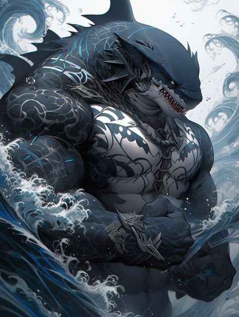 Ocean People Fantasy Art, Dnd Sharkfolk, Sea Druid, Shark Humanoid, Pirate Dragon, Pirate Monster, Shark Character, Ocean Monsters, Japanese Art Samurai