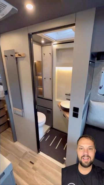 Motorhome Bathroom, Motorhome Bathroom Ideas, Rv Bathrooms, Camper Shower Ideas, Camper Van Shower Ideas, Skoolie Bathroom Ideas, Caravan Bathroom Ideas, Caravan Bathroom, Narrowboat Bathroom