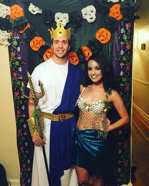 Mermaid and Poseidon costume Mermaid And Neptune Costume, Poseidon Halloween Costume Women, Posiden Costume Diy, Posiden Costume, Couples Costumes Mermaid And Sailor, Poseidon Costume, Siren Costume, Mermaid Costume, Fashion Bags