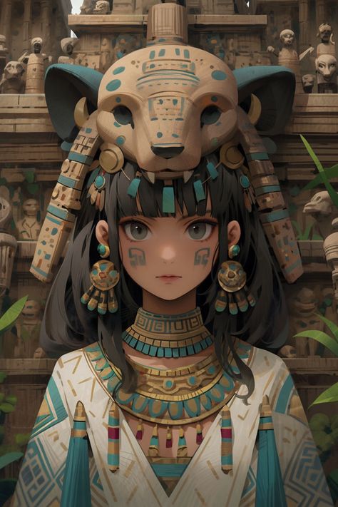 Aztec Anime Priestess: Explore the enchanting fusion of ancient culture and anime art through this captivating illustration! Aztec Anime, Anime Priestess, Anime Art, Character Design, Anime, Art, Design